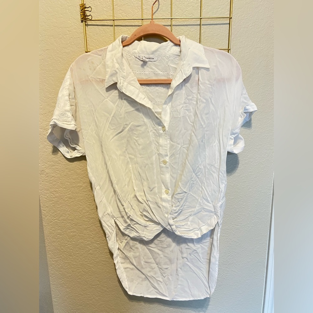 BCBGeneration Women’s White Button Down Blouse with Notched Collar